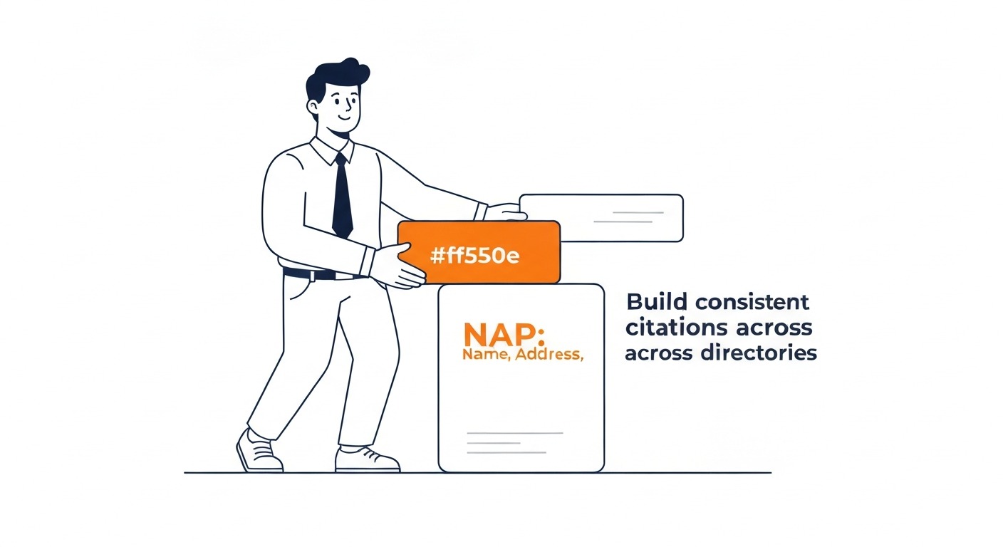 Build Consistent Citations Across Directories: NAP: Name, Address, Phone. Illustration for local SEO improvement in Calgary.