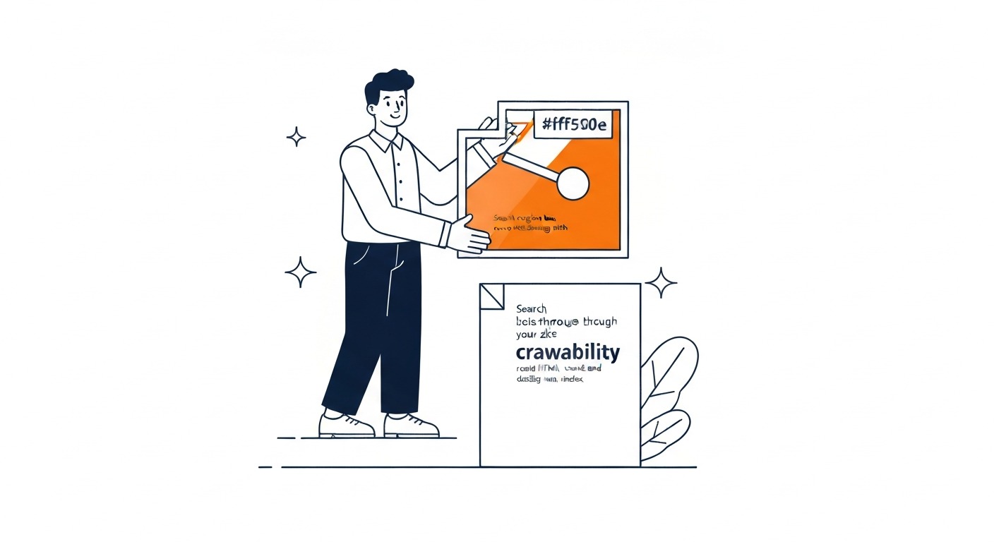 Crawlability. Search engine bots move through your site following links, reading HTML, and deciding what to index. Illustration for technical SEO in Calgary.