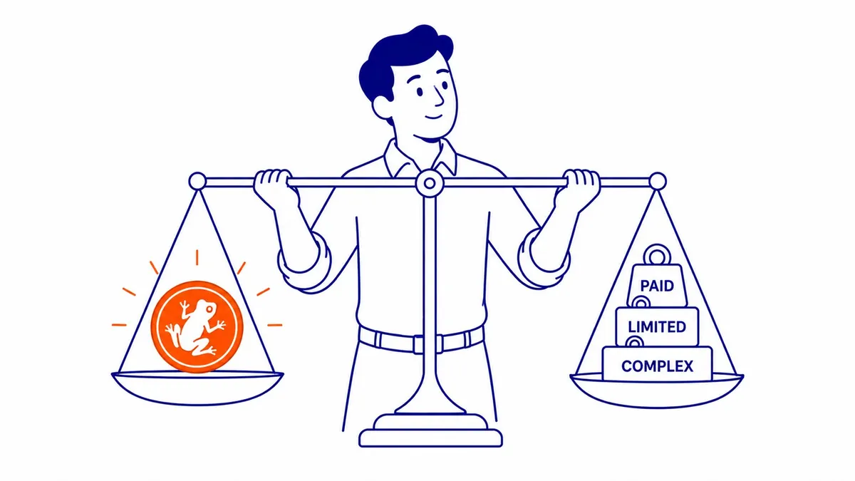 Free SEO checkers vs paid SEO platforms. Comparison of free and paid SEO tools. Illustration for SEO checker guide.