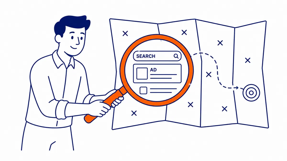 Google Ads auction explained. Quality Score and Ad Rank calculation. Illustration for Google Ads guide.