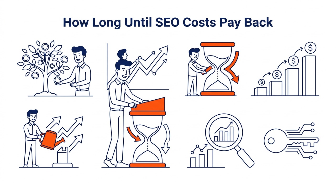 How Long Until SEO Costs Pay Back: Honest answer: three to six months before meaningful movement, six to twelve months before the return on the investment . Illustration for how much does SEO cost in Calgary.