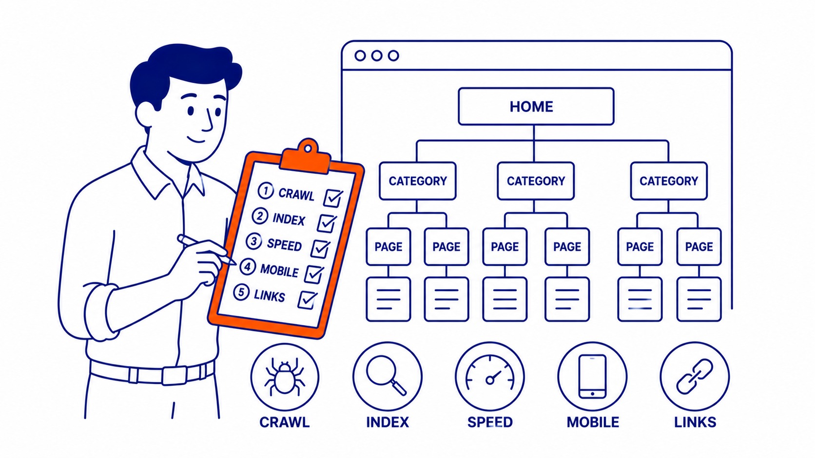 How to Do a Technical SEO Audit: Five things to check, in order. Illustration for how to do an SEO audit in Calgary.