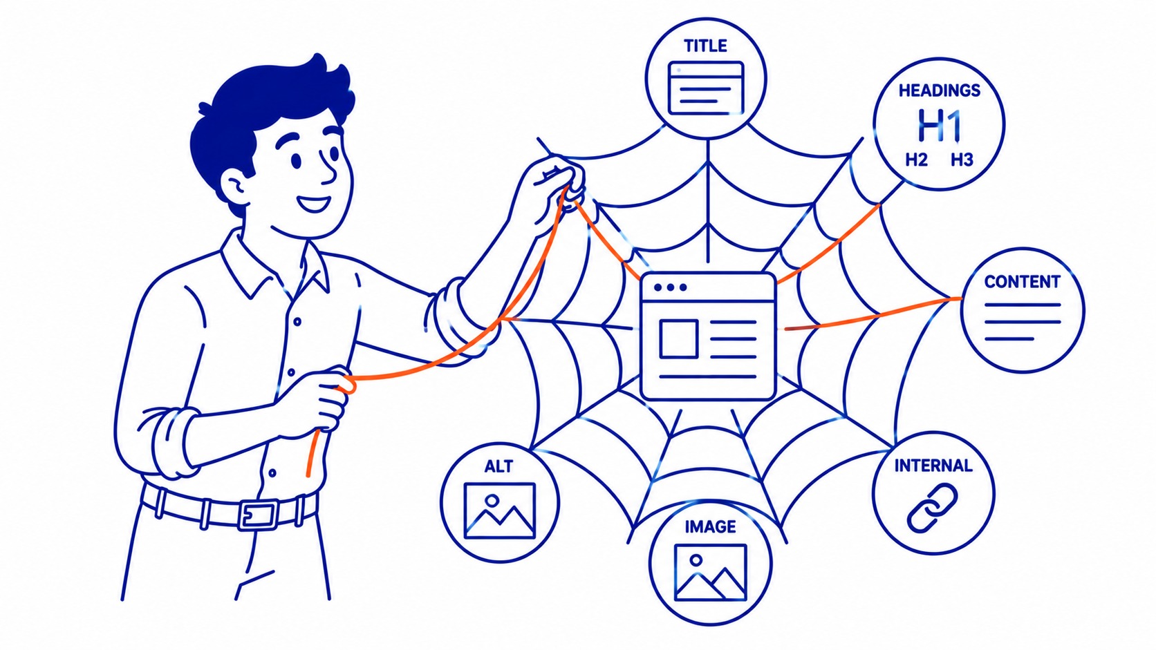 Indexation: On-page SEO covers the elements on individual pages: title tags, headings, content quality, internal links, image alt te. Illustration for what is technical seo.