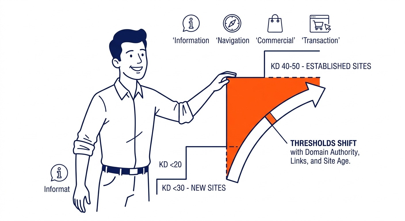 Search Volume, Intent, and Keyword Difficulty — Thresholds shift depending on the site. Illustration for how to choose keywords in Calgary.