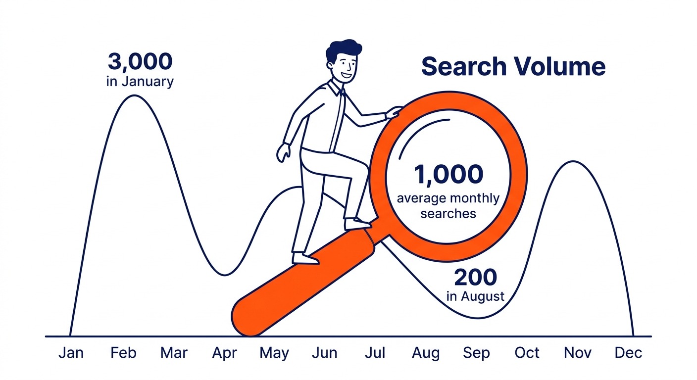Search Volume: Search volume is the average monthly search count for a term, smoothed across twelve months. Illustration for SEO Calgary in Calgary.
