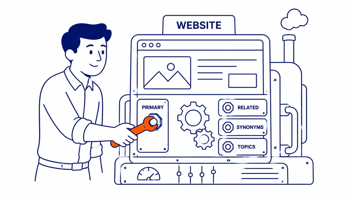 Secondary and supporting terms per page SEO. How to use multiple keywords on one page. Illustration for keyword strategy.