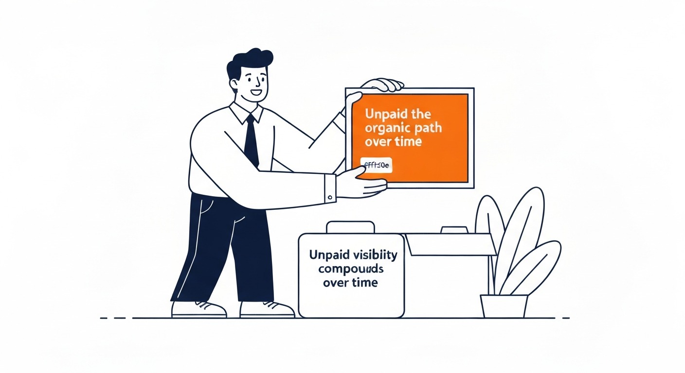 SEO: The Organic Path: Unpaid visibility compounds over time. Illustration for SEO vs SEM marketing in Calgary.