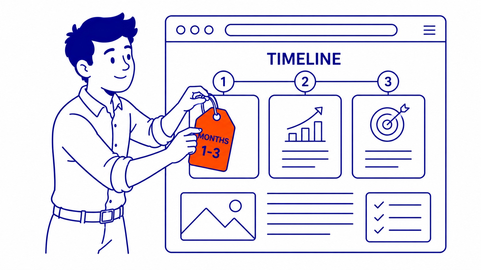 The Honest SEO Timeline: Three Stages: Months one to three are foundation work. Illustration for how long does it take for seo to work.