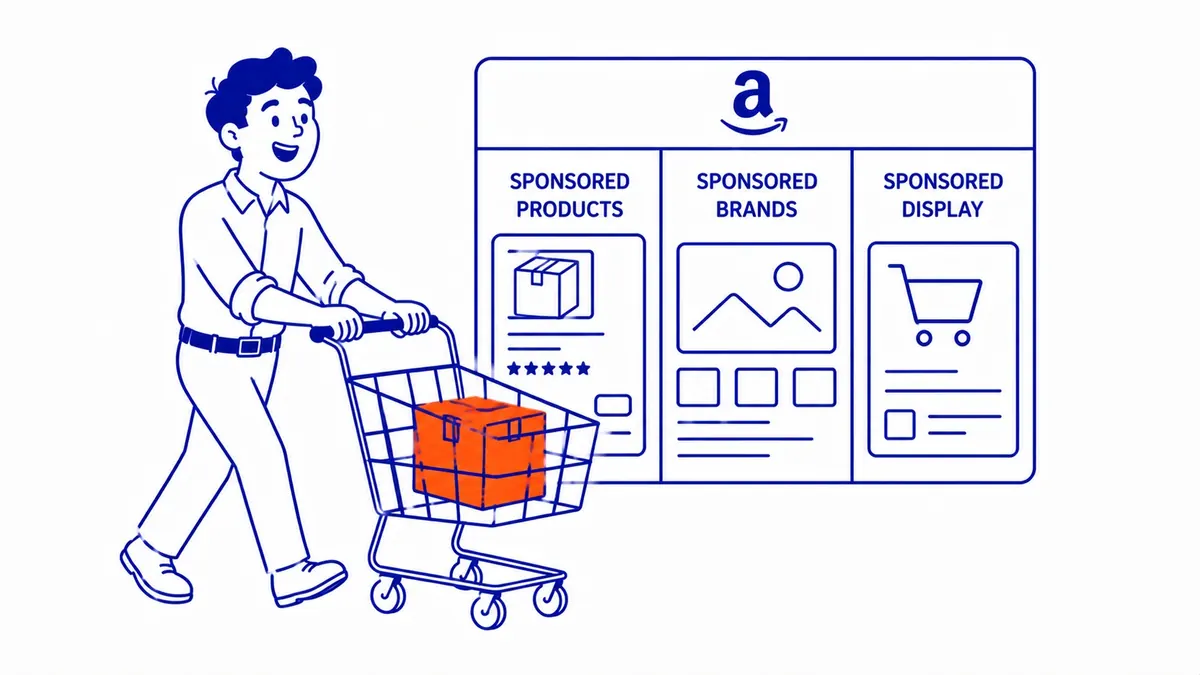 The Three Amazon PPC Ad Types: Sponsored Products are the workhorse. Illustration for what is amazon ppc.