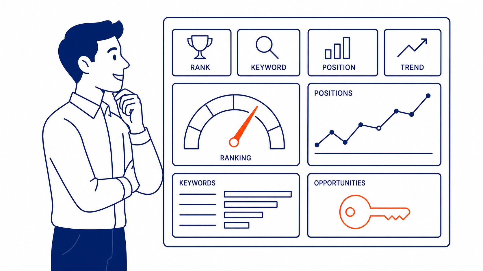 Using keyword ranking data for SEO strategy. Ranking positions and impressions data informing content decisions. Illustration for keyword SEO strategy.