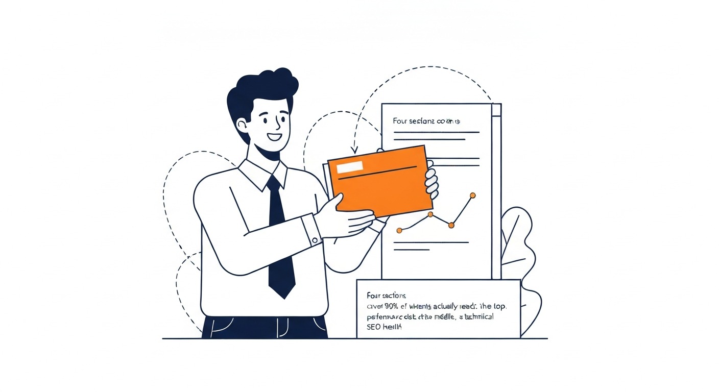 What an SEO Report Actually Contains: Four sections cover 90% of what clients actually read: executive summary at the top, performance data in the middle, a t. Illustration for how to create SEO report in Calgary.