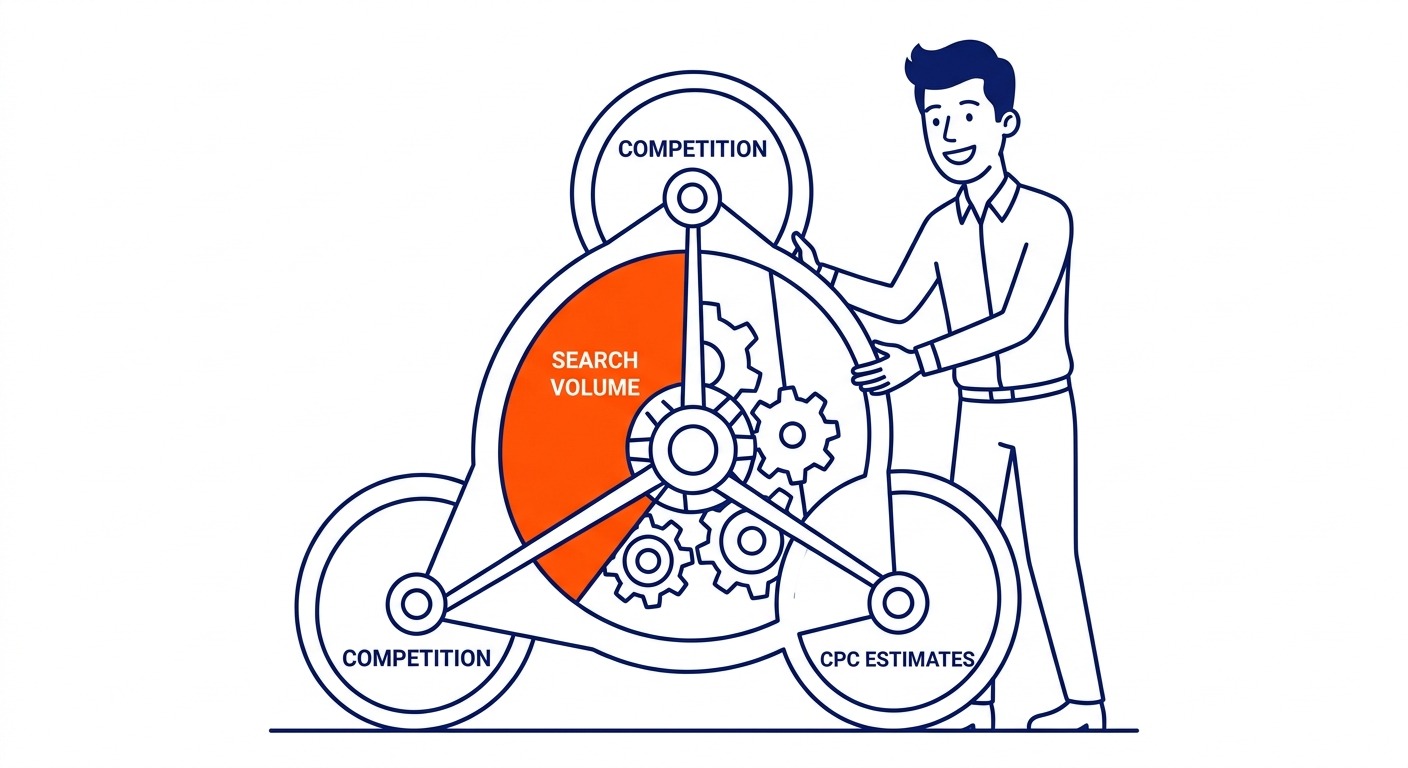 What Is Google Keyword Planner — Google Keyword Planner sits inside Google Ads as a free tool: search volume data, competition scores, cost-per-click est. Illustration for Google Keyword Planner in Calgary.
