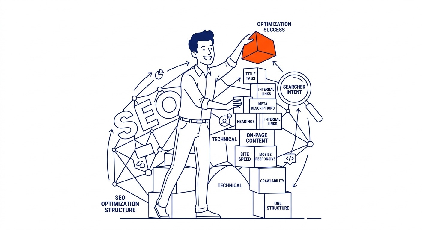 What SEO Marketing Involves — Three areas cover most of the work. Illustration for what is SEO in Calgary.