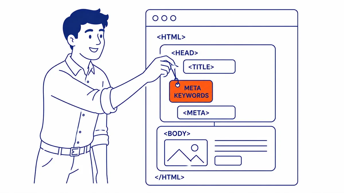 What the Meta Keywords Tag Actually Is: The meta keywords element lives in the HTML head section of a webpage. Illustration for what are meta keywords.