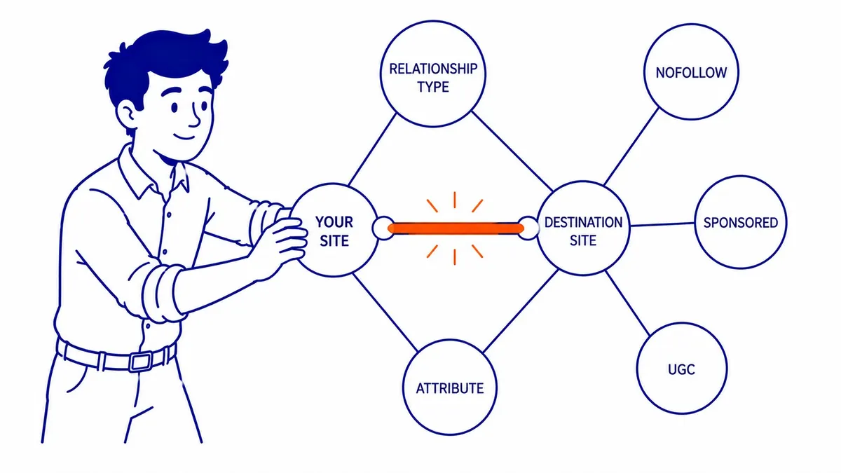 When to Use Nofollow, Sponsored, and UGC Attributes: Outgoing links from your site: use the right attribute for the relationship. Illustration for do nofollow links help seo.