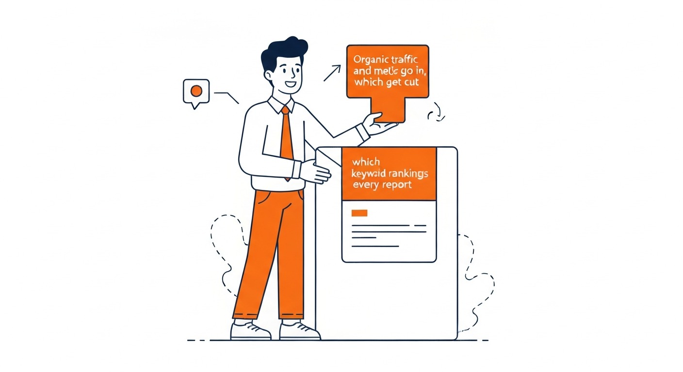Which Metrics Go In, Which Get Cut: Organic traffic and keyword rankings go into every report. Illustration for how to create SEO report in Calgary.