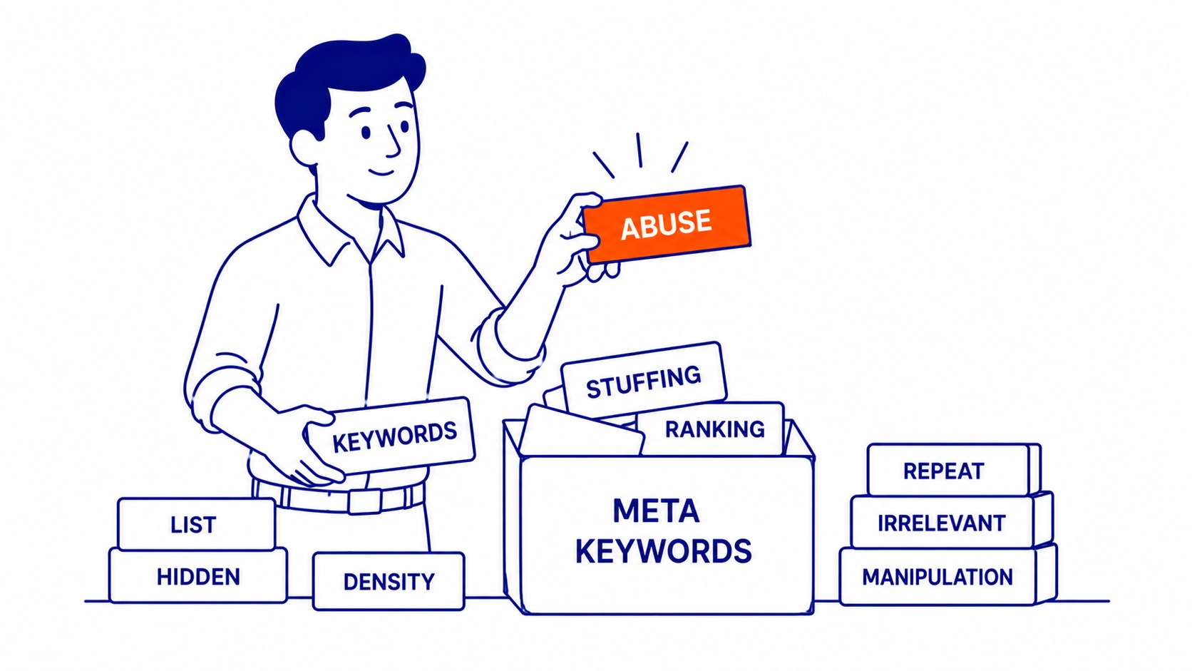 Why Google stopped using meta keywords. Google's official position on meta keywords tag. Illustration showing meta keywords becoming obsolete.