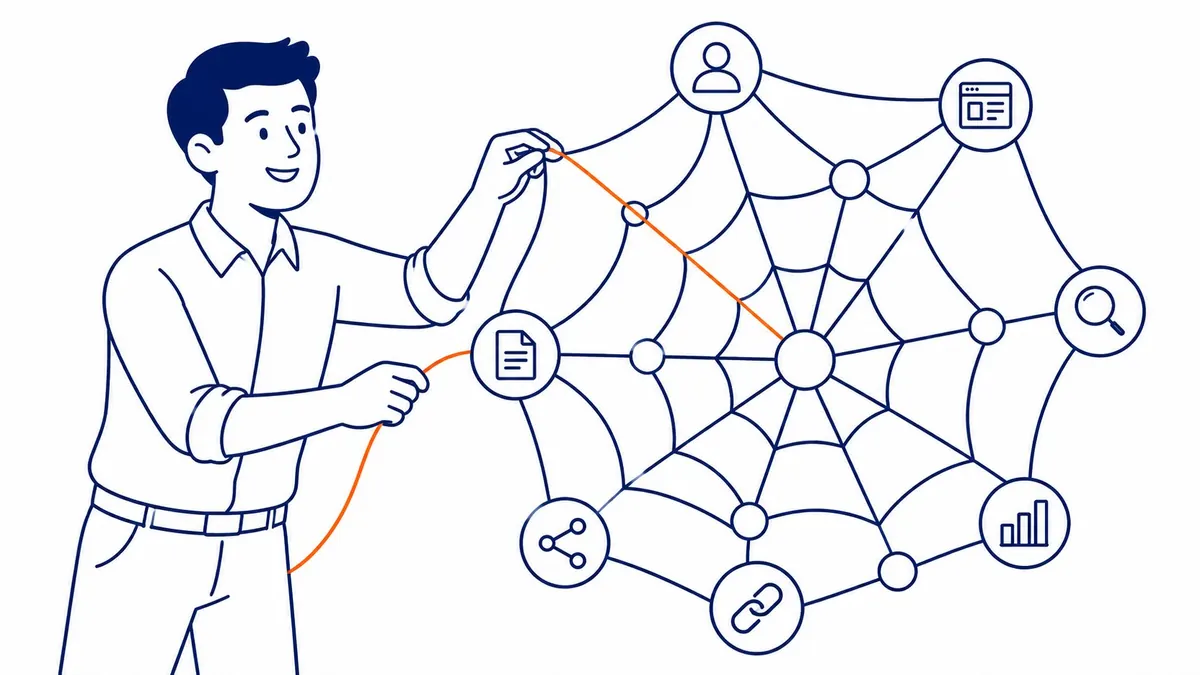 Diagram showing backlinks as editorial votes between websites, connecting authority sources to target pages