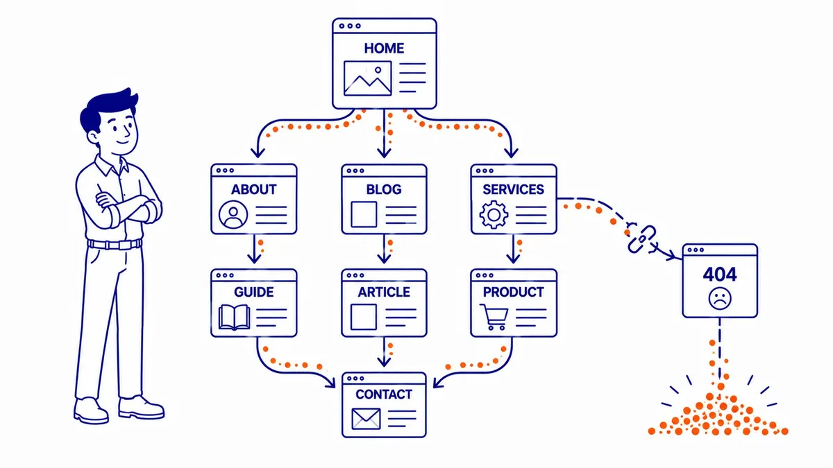 Illustration of link equity flow being interrupted by a broken internal link
