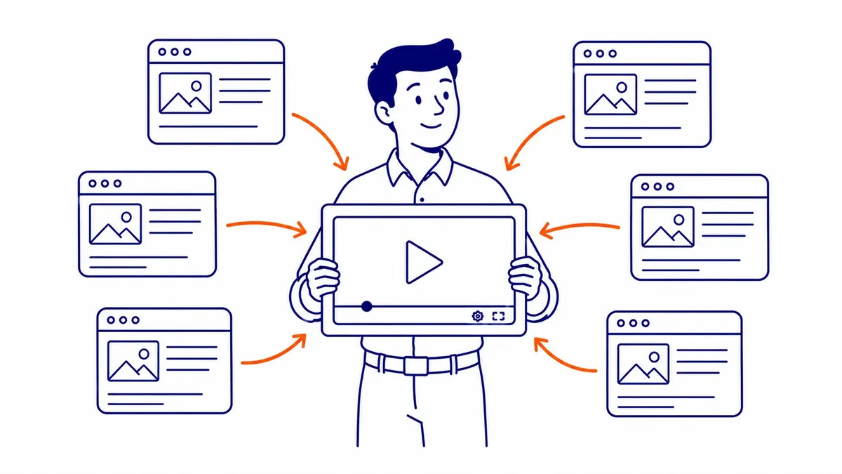 Split-screen showing a website with embedded video on the left and a backlink profile tool on the right