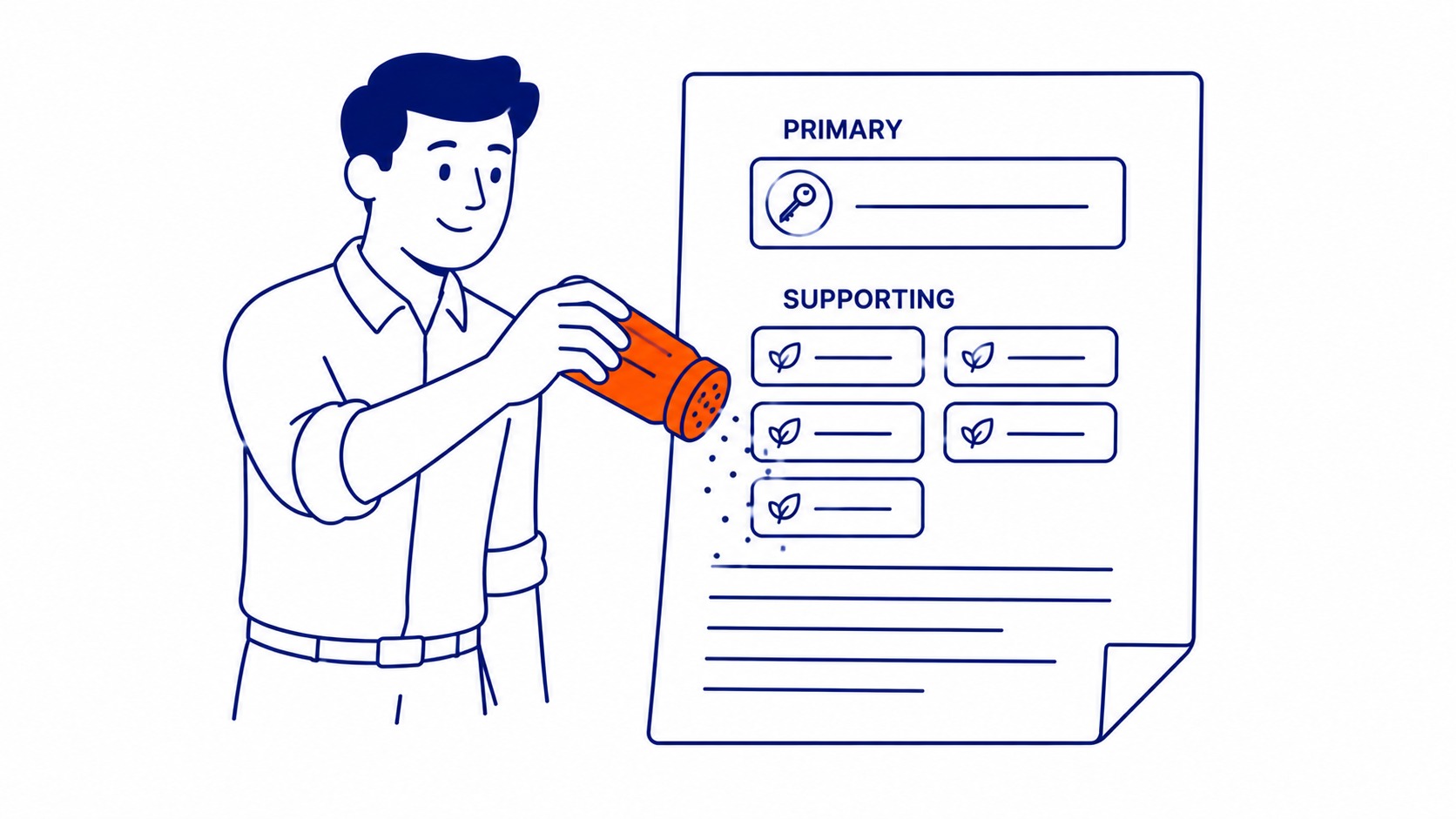 How many keywords per page for SEO. Keyword density and keyword targeting per page. Illustration for keywords per page SEO guide.