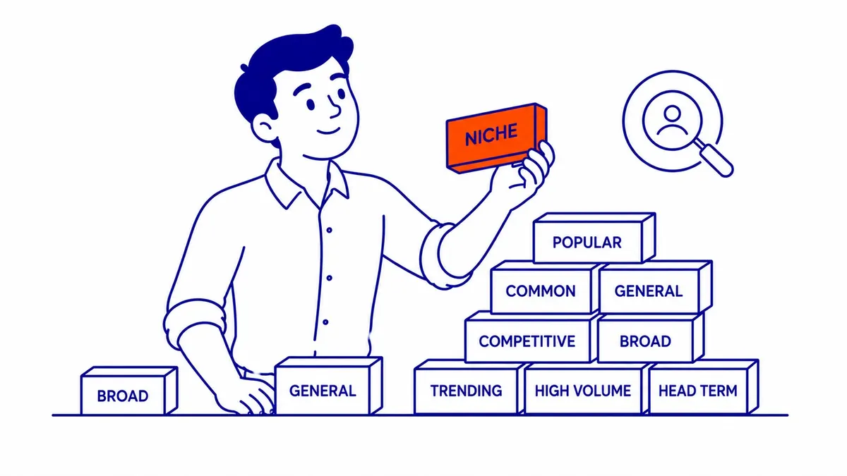 How to Find Niche Keywords: Niche keywords are the specific, lower-competition search terms that pull in the exact people most likely to buy from yo. Illustration for how to find niche keywords.