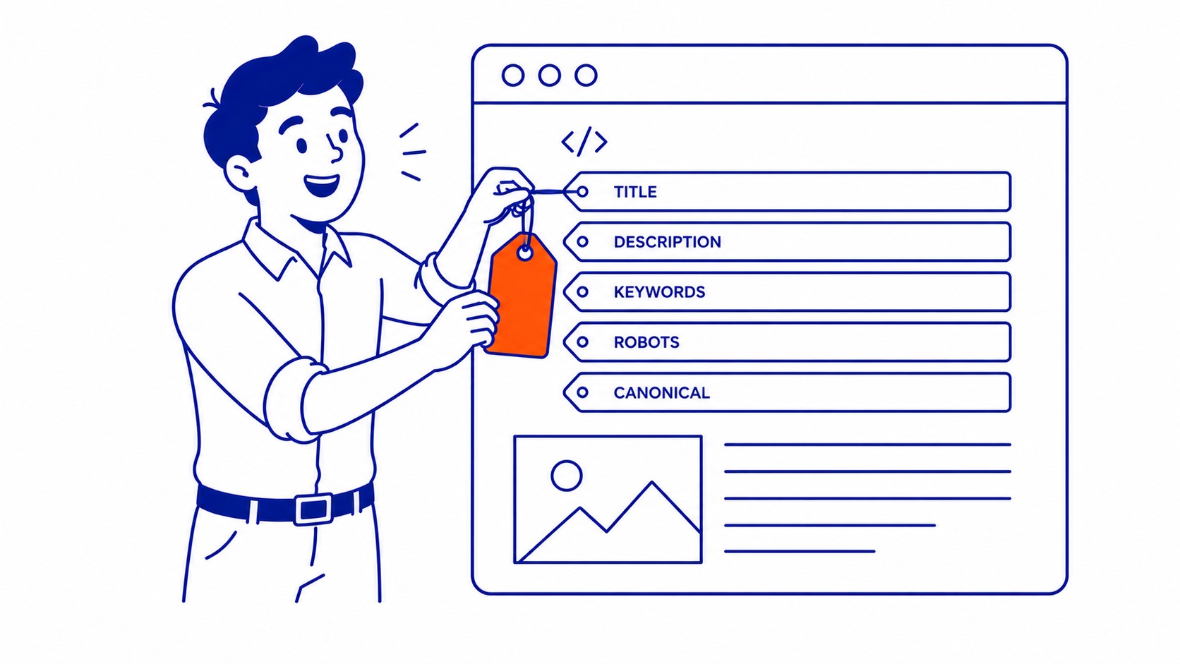 How to Use Meta Tags for SEO: Meta tags confuse more small business owners than almost any other corner of on-page SEO. Illustration for how to use meta tags for seo.