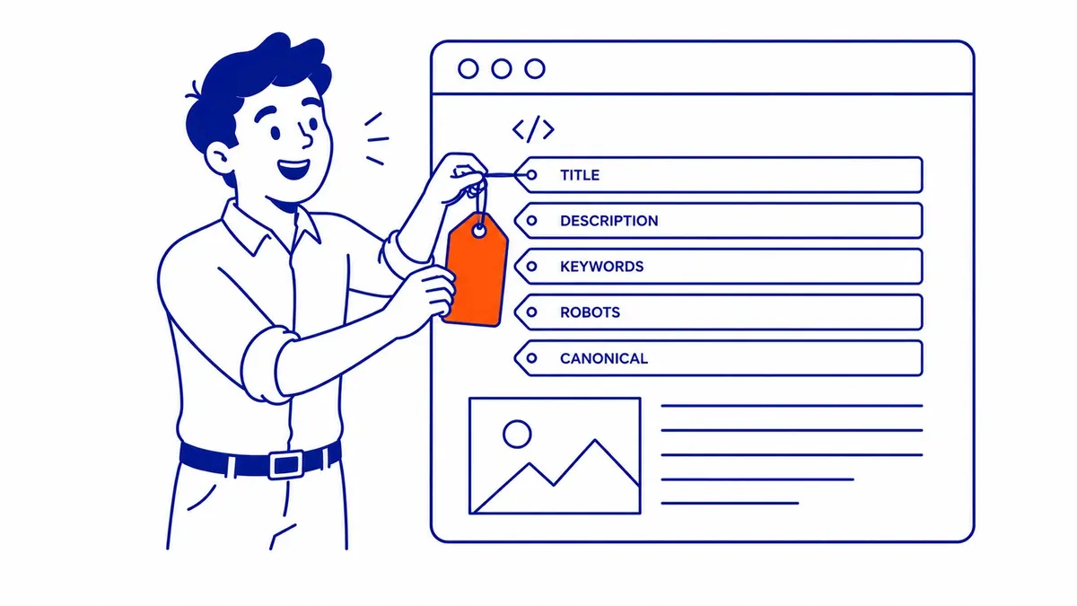 How to Use Meta Tags for SEO: Meta tags confuse more small business owners than almost any other corner of on-page SEO. Illustration for how to use meta tags for seo.