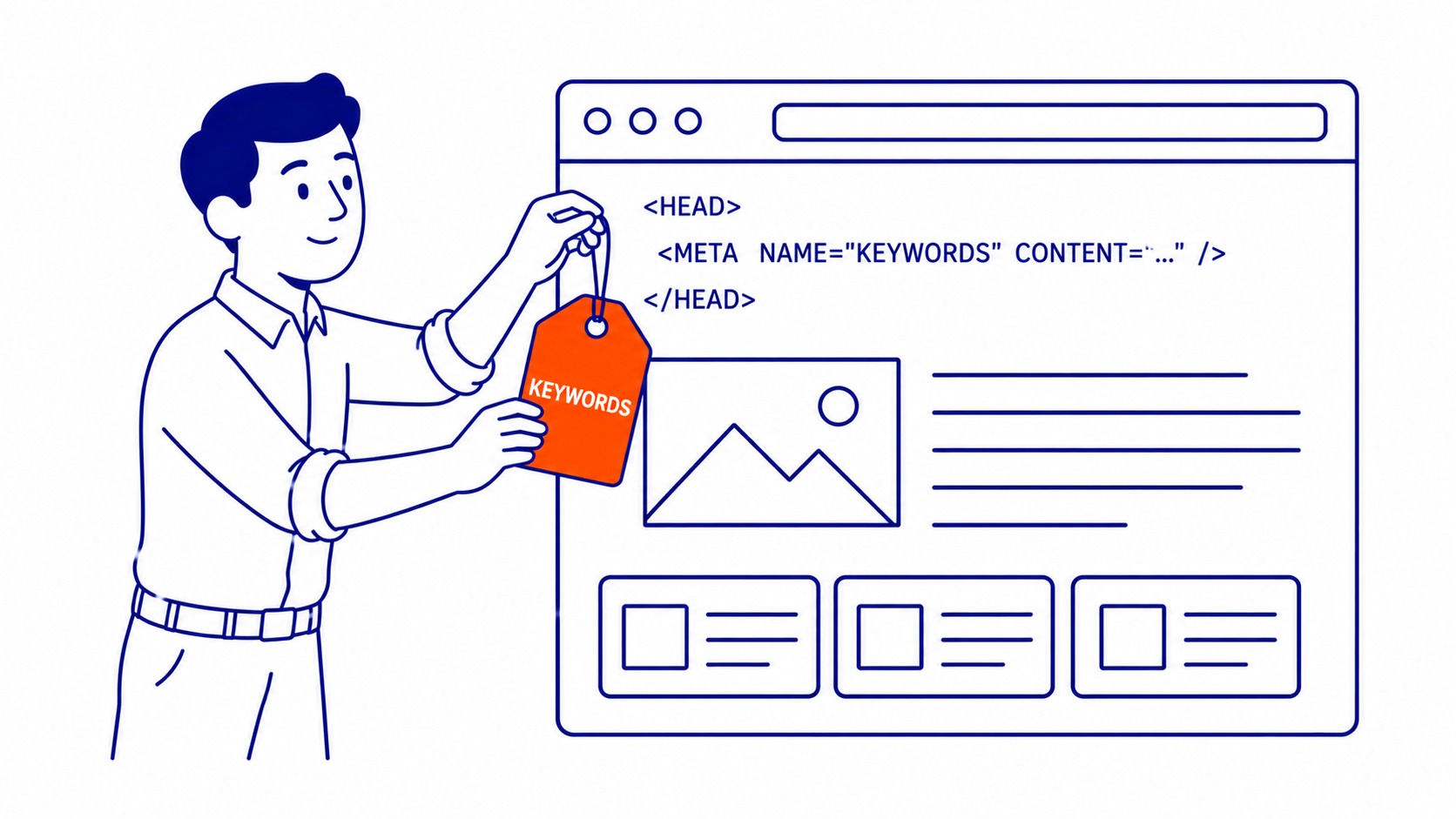 What are meta keywords. Meta keywords tag in HTML and SEO. Illustration for meta keywords explanation.