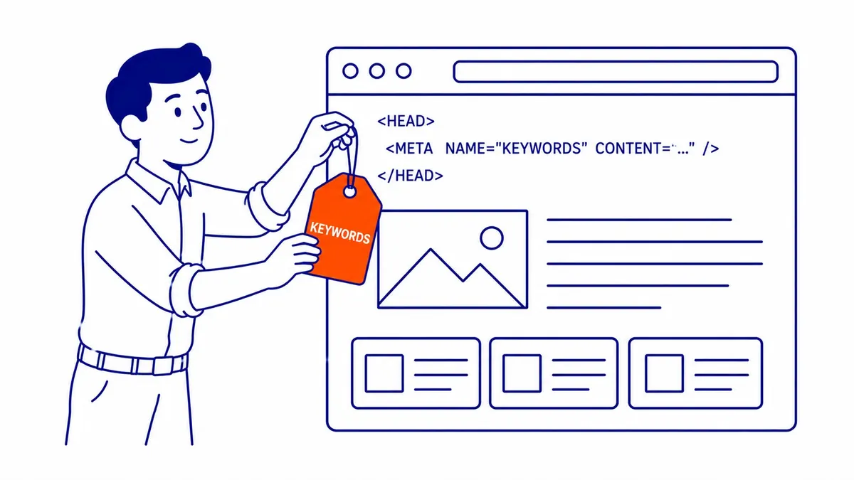 What are meta keywords. Meta keywords tag in HTML and SEO. Illustration for meta keywords explanation.
