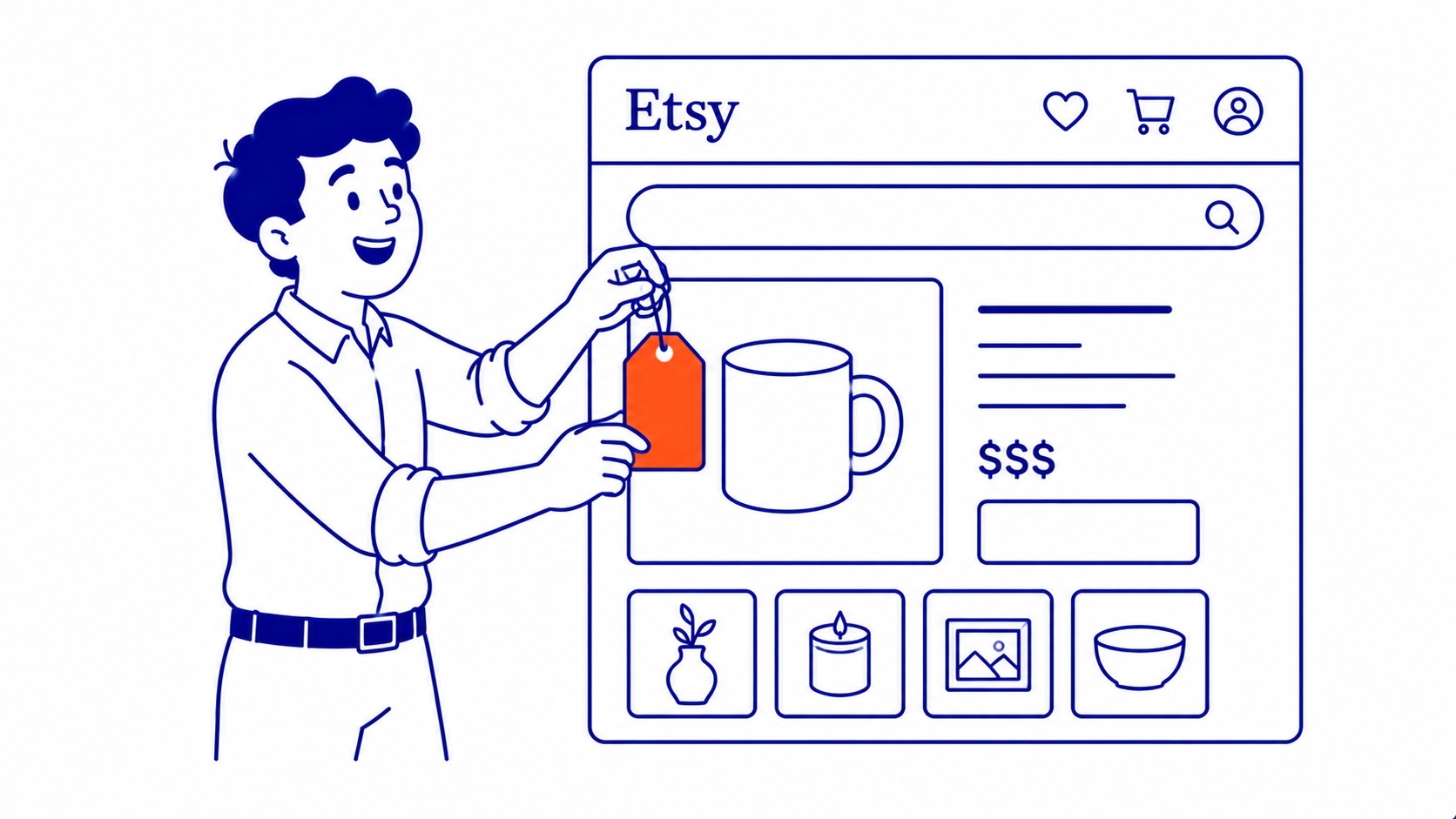 What Is Etsy SEO?: Etsy SEO is the work of getting your listings to show up when a shopper types something into the Etsy search bar. Illustration for what is etsy seo.