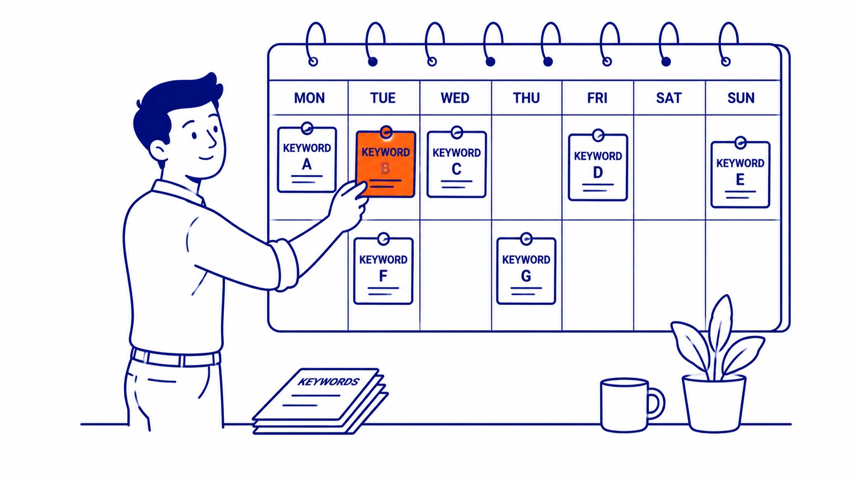 What is an SEO content calendar: a planning document mapping each post to a target keyword. Illustration for how companies build a post calendar for SEO.