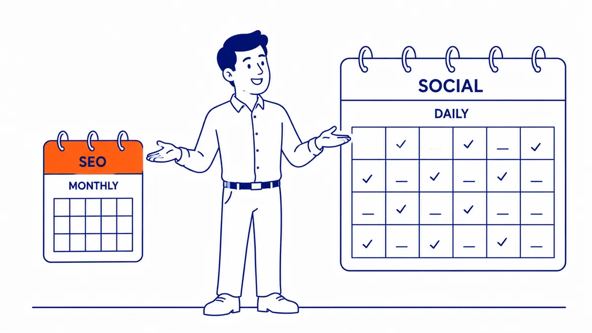 Social media calendar versus SEO content calendar: different timeframes and goals. Illustration for how companies build a post calendar for SEO.