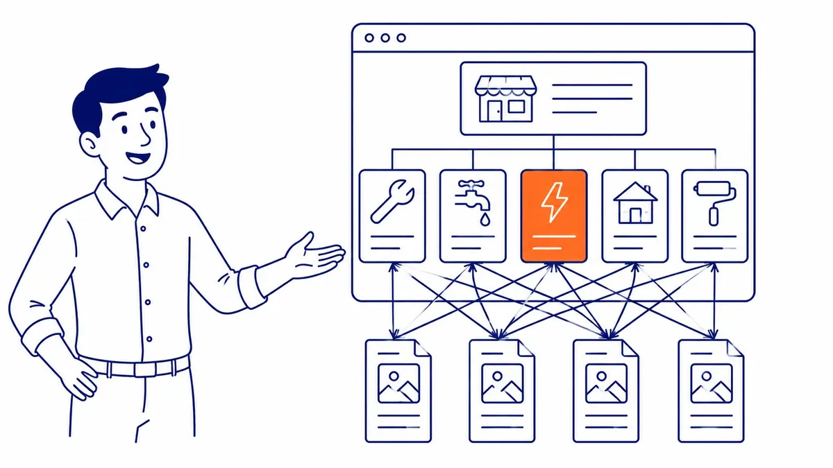 Local business site connecting service pages and city pages with internal links