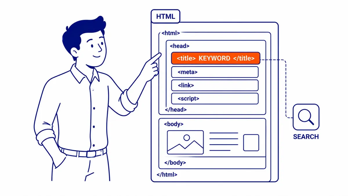 Meta description HTML code example showing keyword placement and 160-character limit for search results