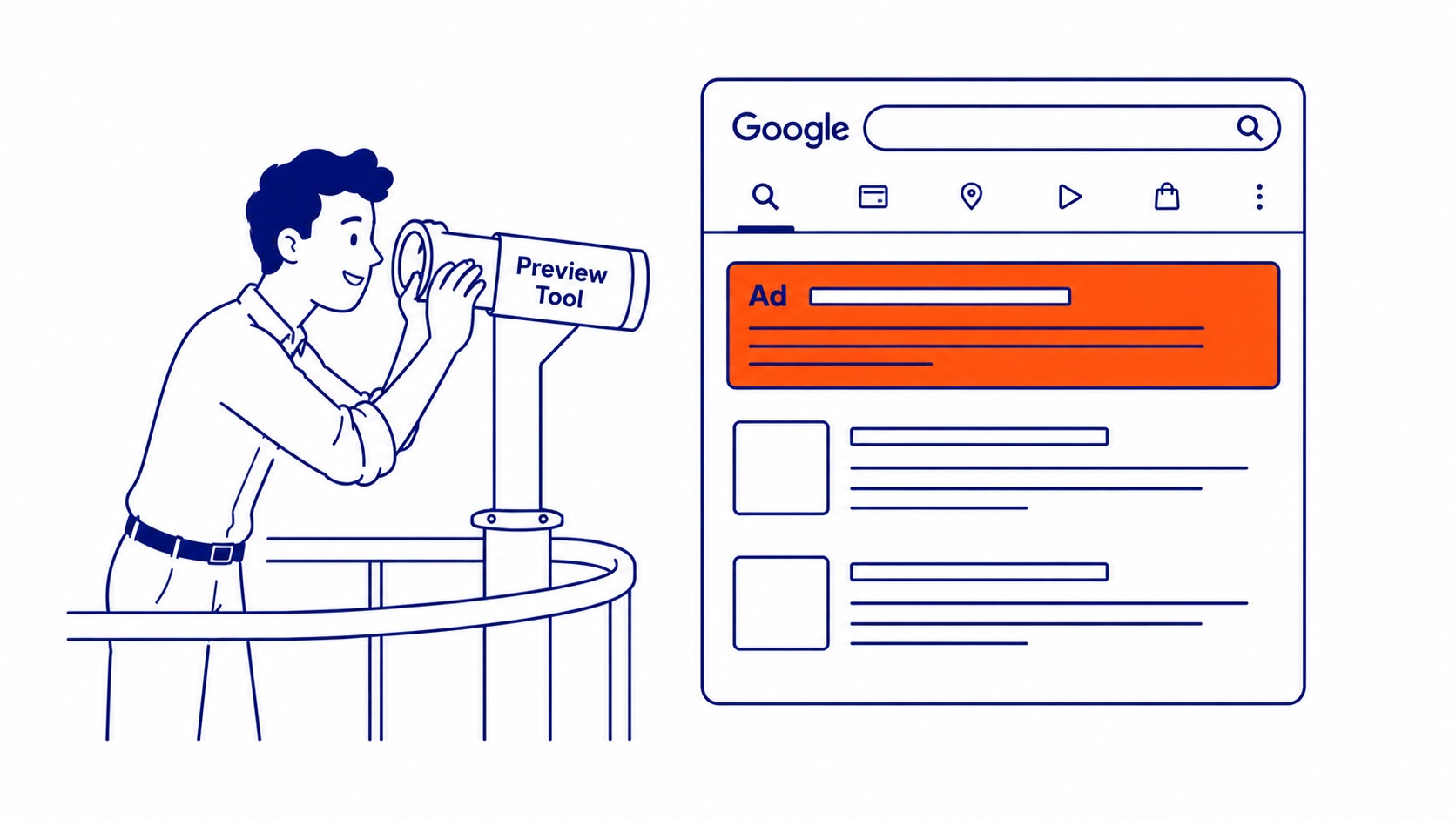 Google Ads Ad Preview and Diagnosis tool interface showing keyword, device, and location fields to test ad visibility without recording impressions