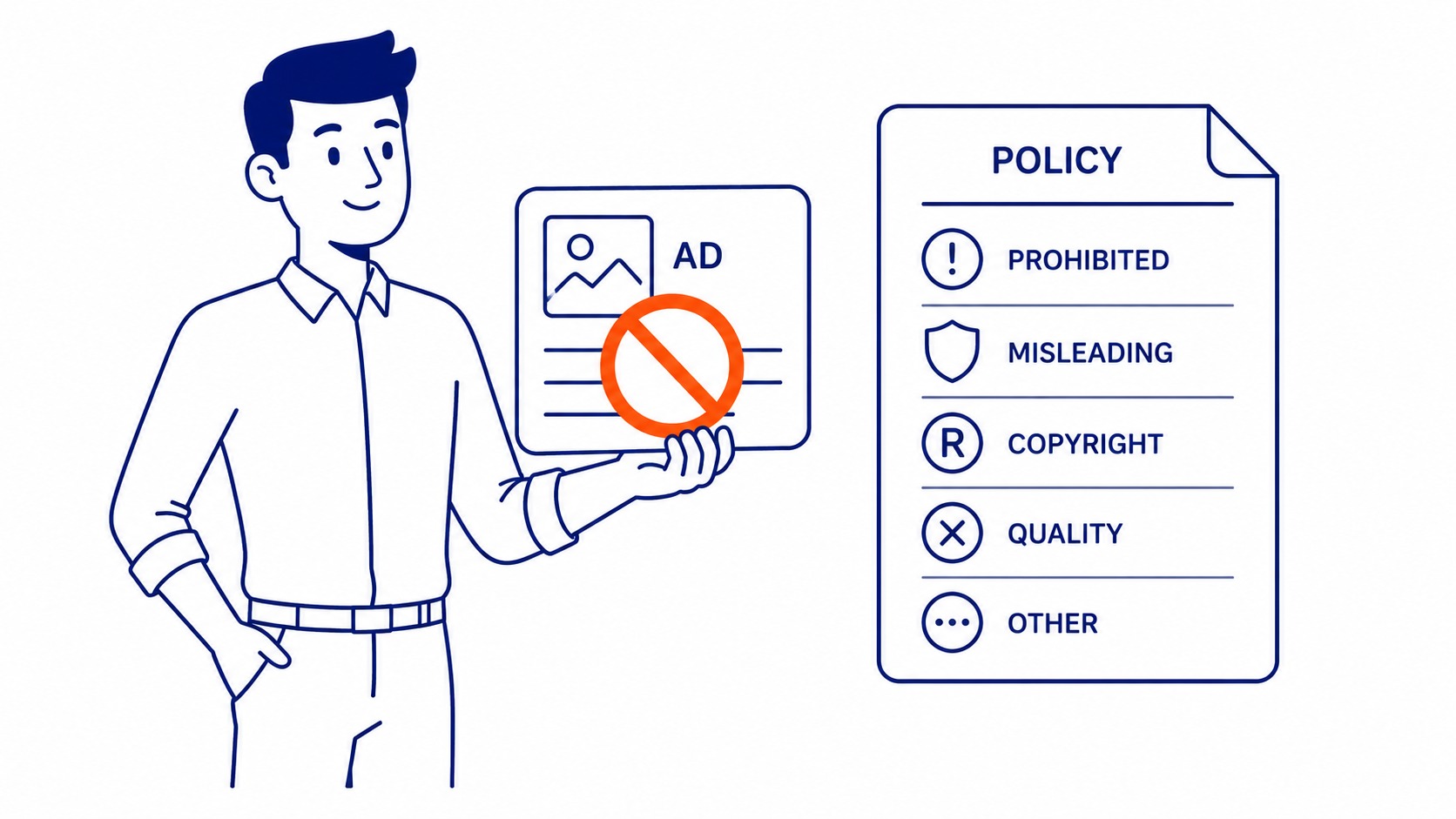 Google Ads Ads tab showing a Disapproved status label with the option to click and view the specific policy disapproval reason