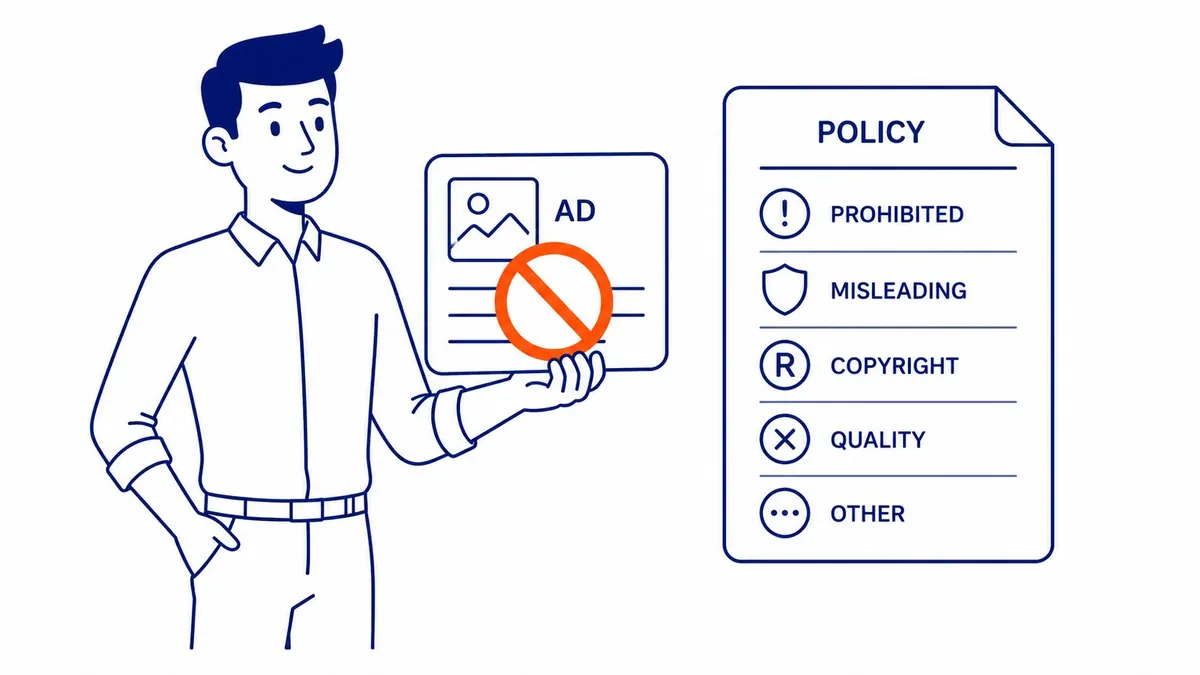 Google Ads Ads tab showing a Disapproved status label with the option to click and view the specific policy disapproval reason