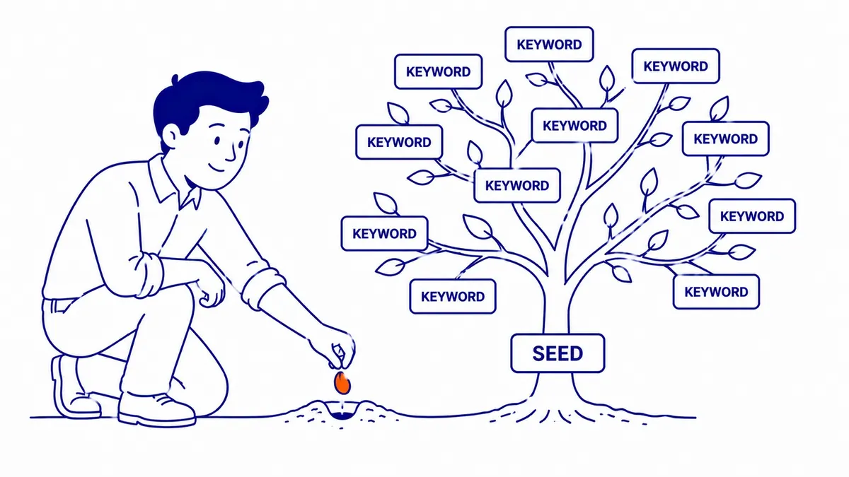 seed keyword branching map showing how ai generates related keyword clusters from a single root term in seo research