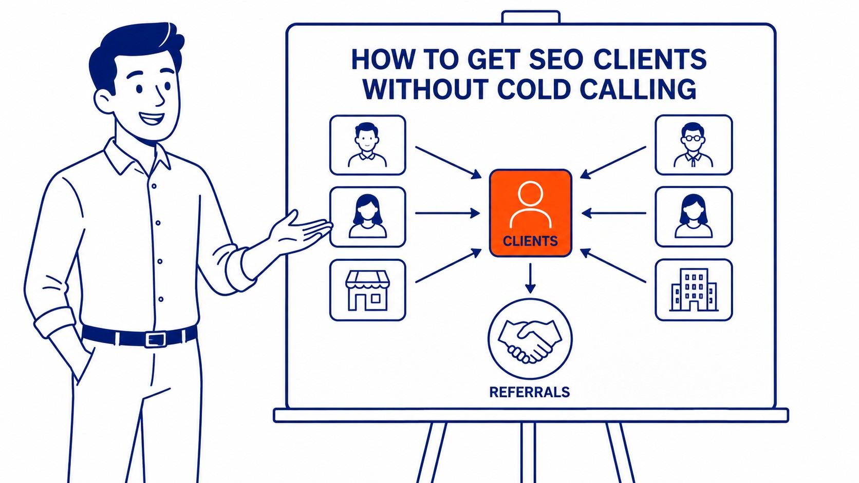 Content marketing strategy for getting SEO clients showing blog, LinkedIn posts, and case studies that attract inbound leads