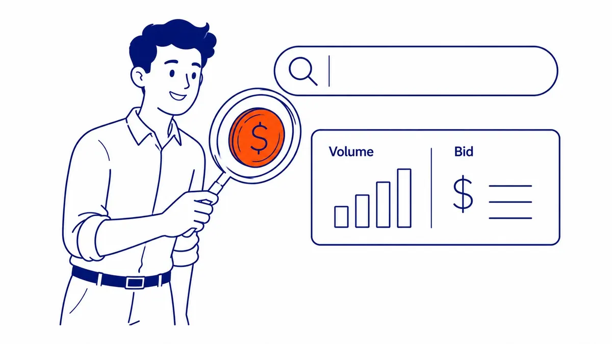 Google Keyword Planner showing search volume, competition, and bid ranges for campaign planning