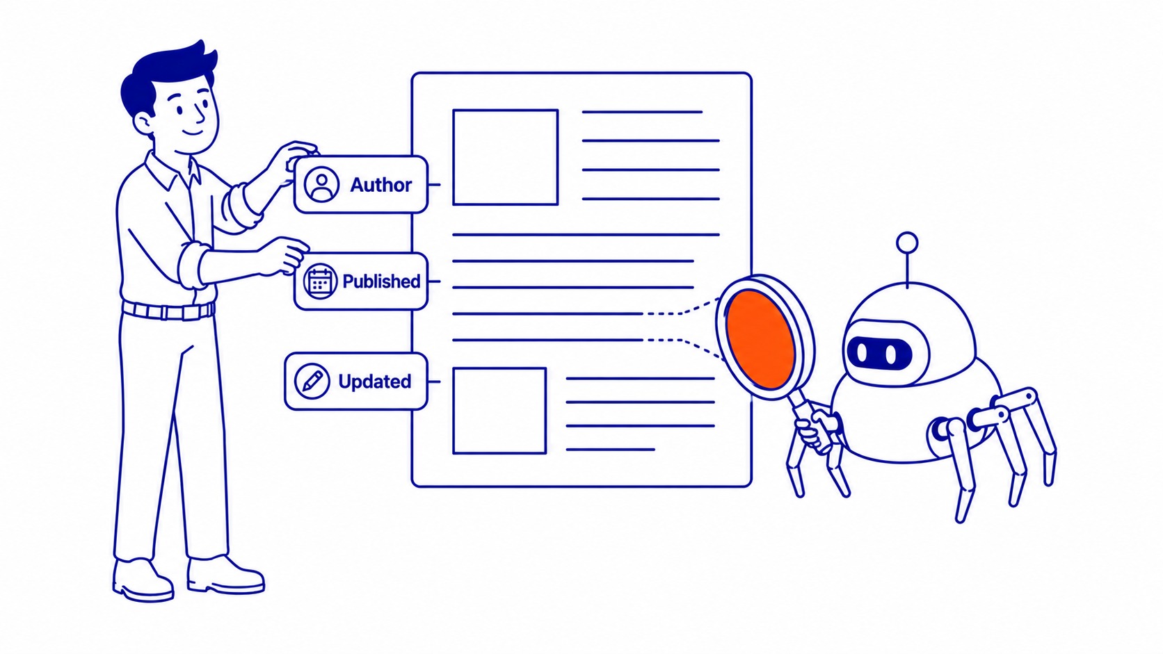 Authority Signals for AI Search Engines: E-E-A-T, author bios, and citation chains signal credibility to both AI tools and human reviewers. Illustration for AI search optimization.