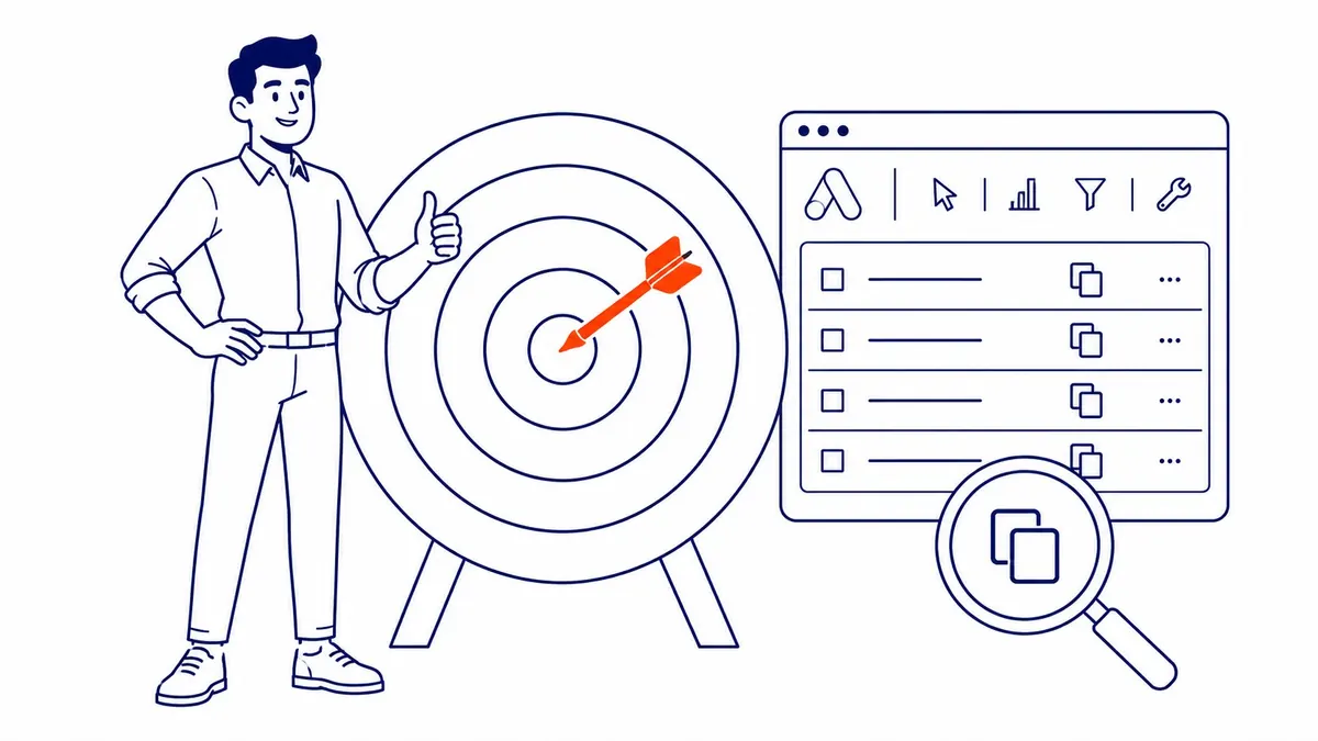 Google Ads Editor Find Duplicate Keywords tool showing campaign and ad group columns for each duplicate pair