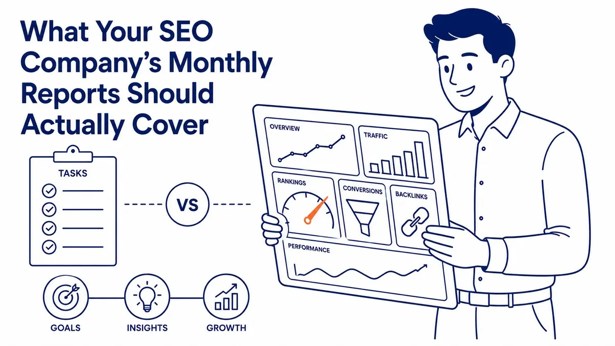 SEO monthly report document connecting ranking movement to organic traffic growth with specific page-level data and next steps