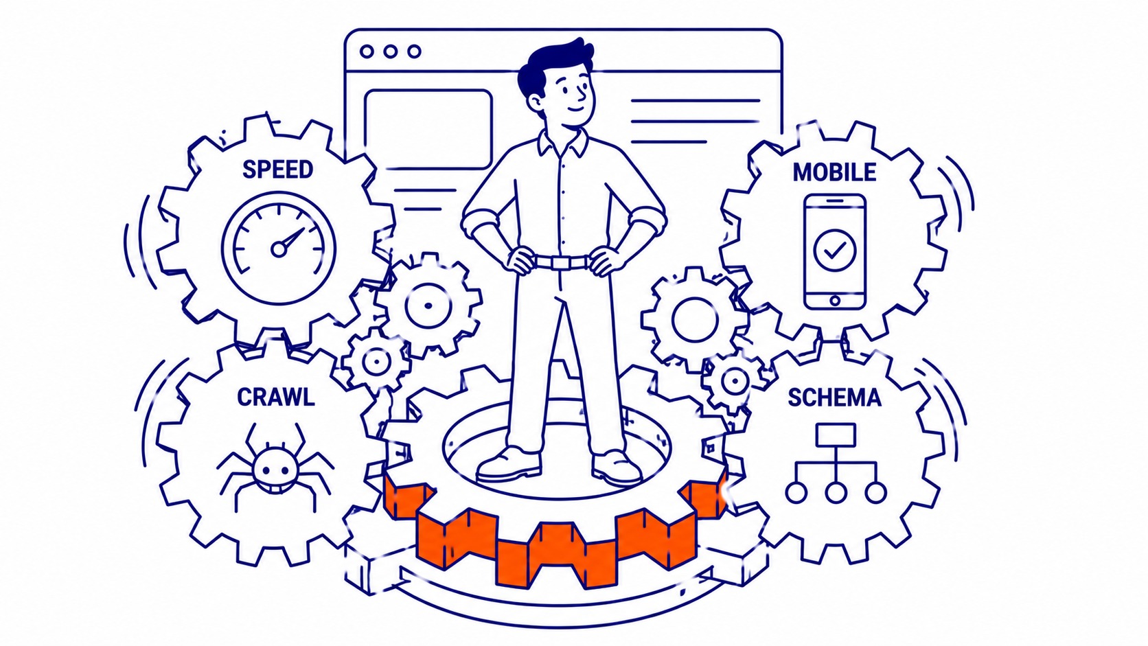 Diagram of website technical structure showing crawlability, indexation, and page speed factors