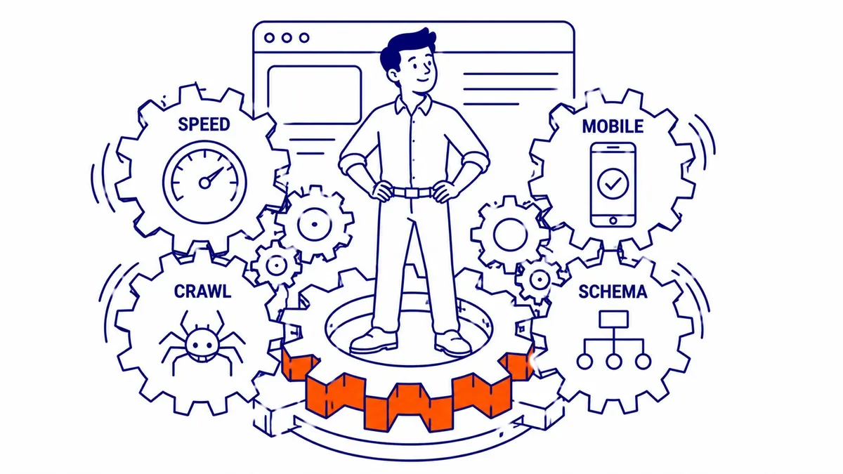Diagram of website technical structure showing crawlability, indexation, and page speed factors