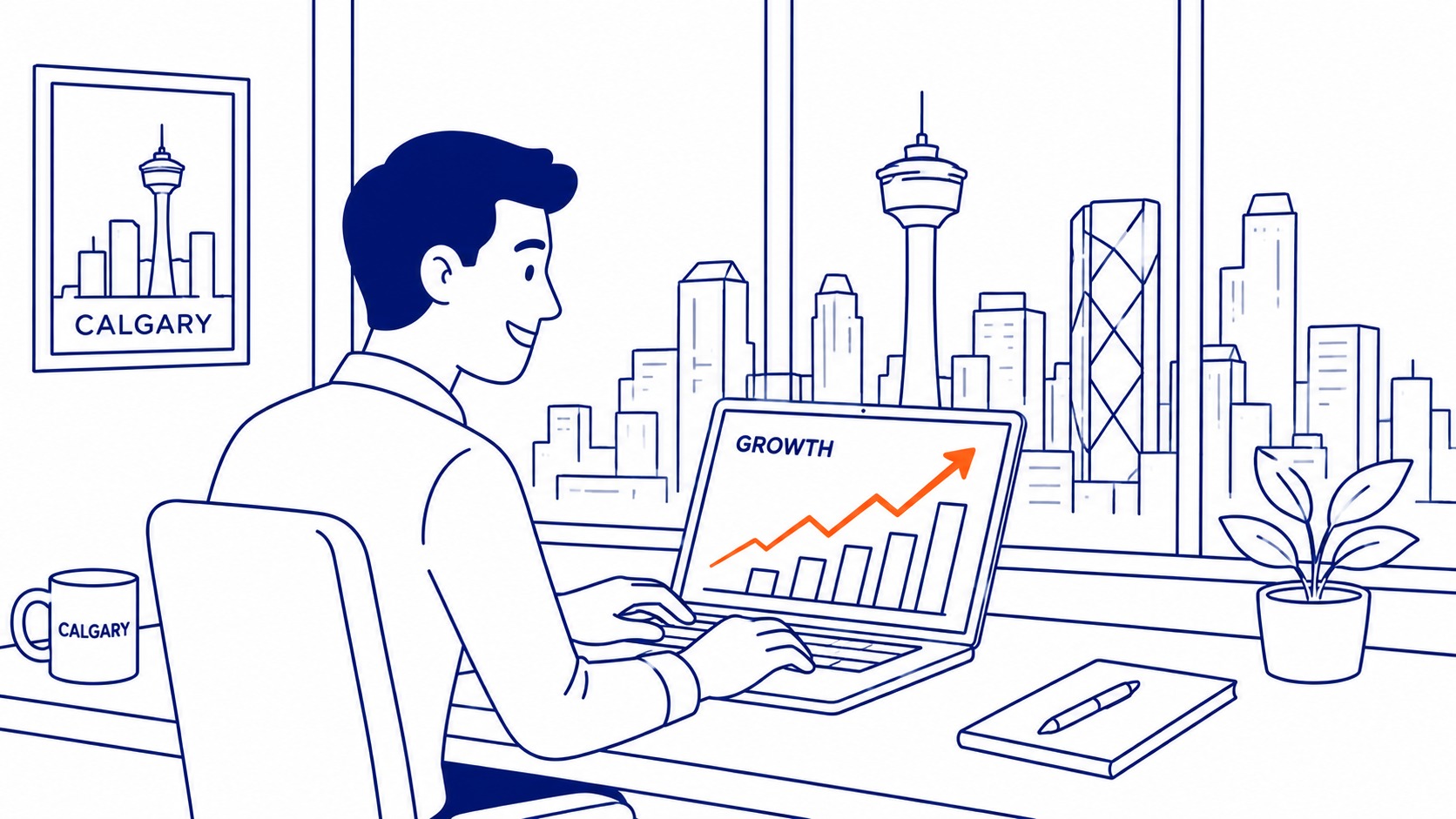 SEO specialist reviewing search rankings and content strategy at a Calgary office
