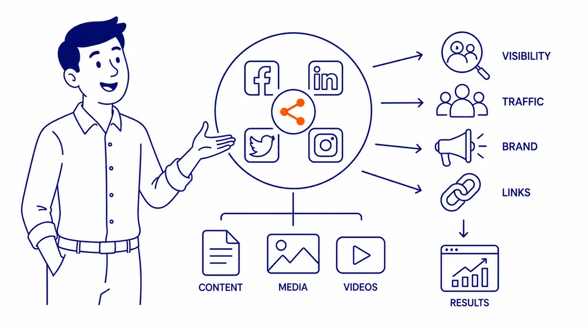 Qué es SEO explicado con diagrama de optimización para motores de búsqueda mostrando SEO técnico, contenido y construcción de enlaces