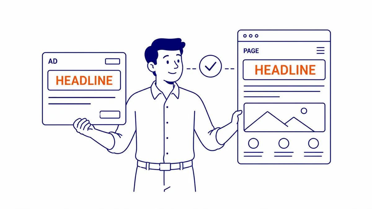Ad headline and landing page headline shown side by side with matching message, illustrating how ad-to-page relevance affects Quality Score