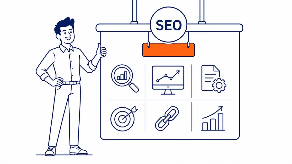 Overview of SEO services including keyword research, on-page SEO, technical SEO, and link building